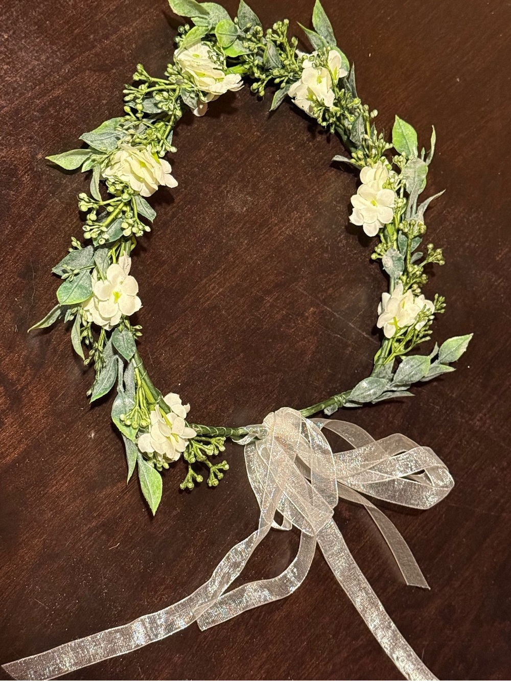 Green & White Floral Garland Headpiece Crown Adjustable Sheer Ribbon Bow Wedding